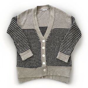 Pleione‎ Boho Textured Button Cardigan SMALL oversized V-Neck Black Tan *READ*